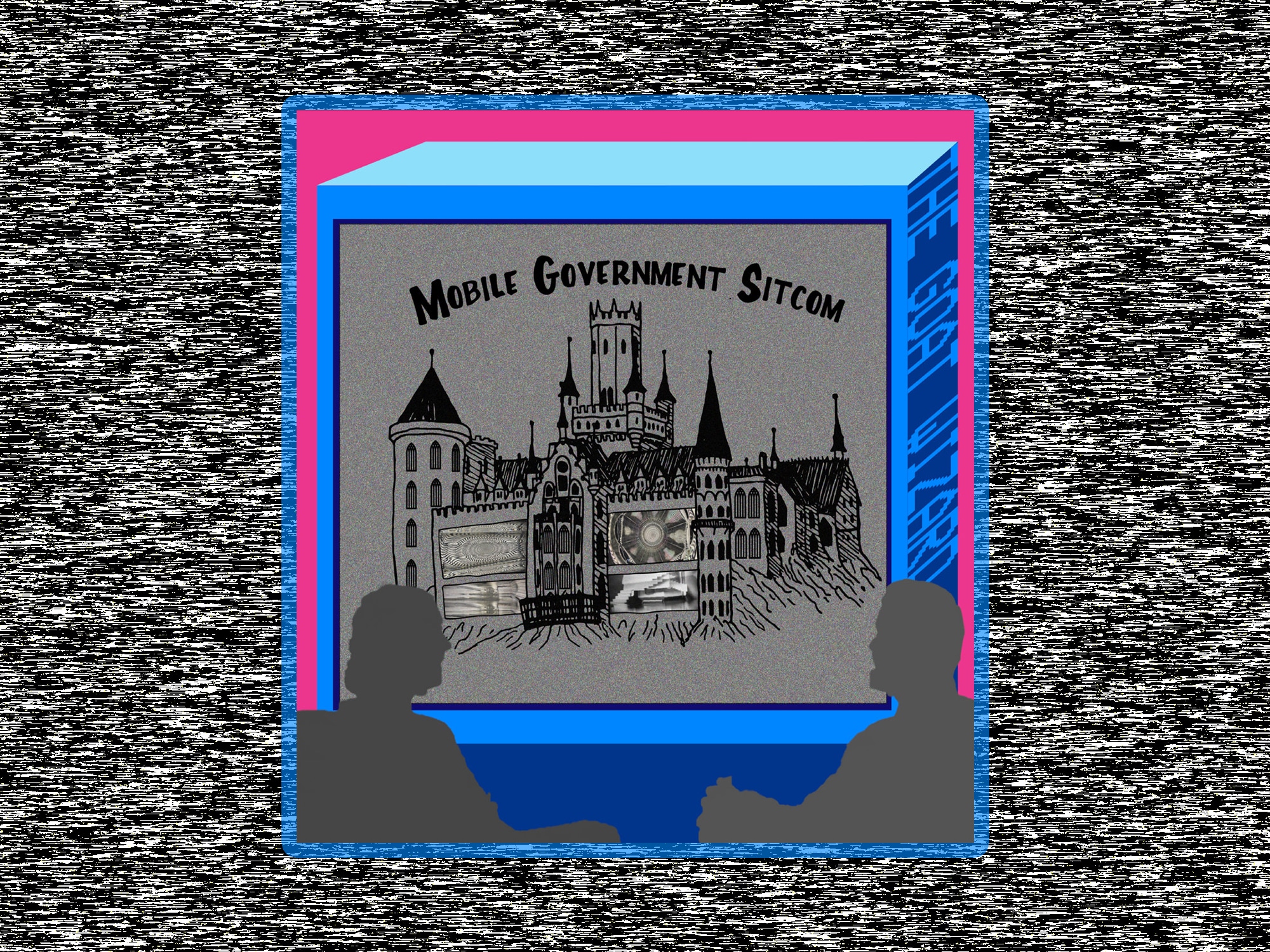 The cover of The Goat Wizard's album "Mobile Government Sitcom" is shown against a static-y black-and-white background.