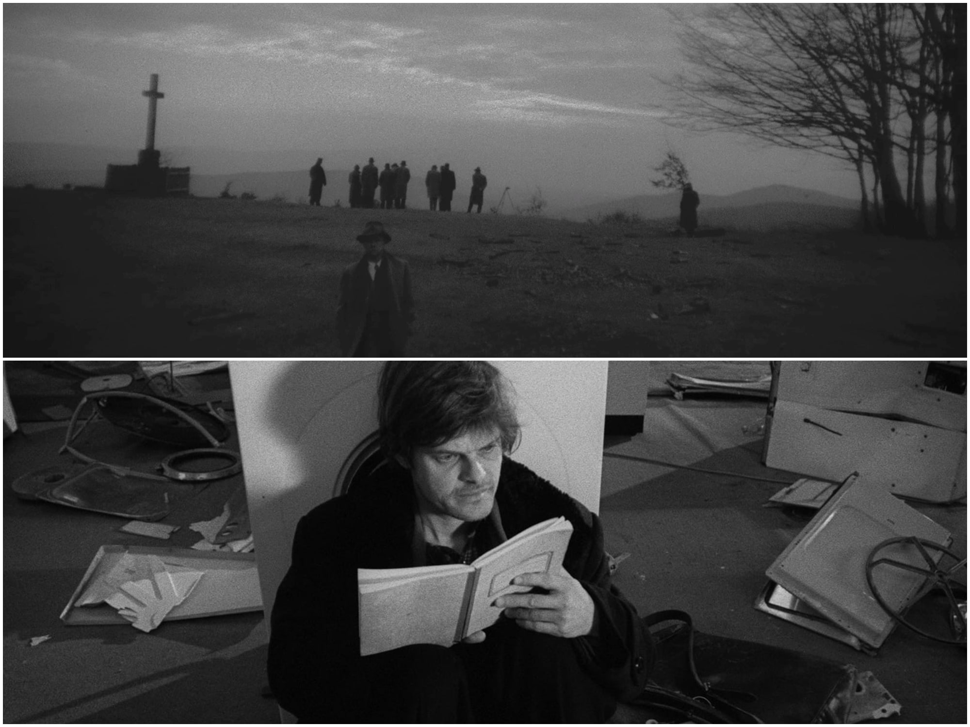 The top image from "Twilight" captures a funeral in a rural field under an overcast sky. Barren trees and a gravestone with a large cross populate the margins of the image. The bottom image shows a man (Lars Rudolph) in "Werckmeister Harmonies" sitting against a pillar reading a journal with various broken appliances in the background.