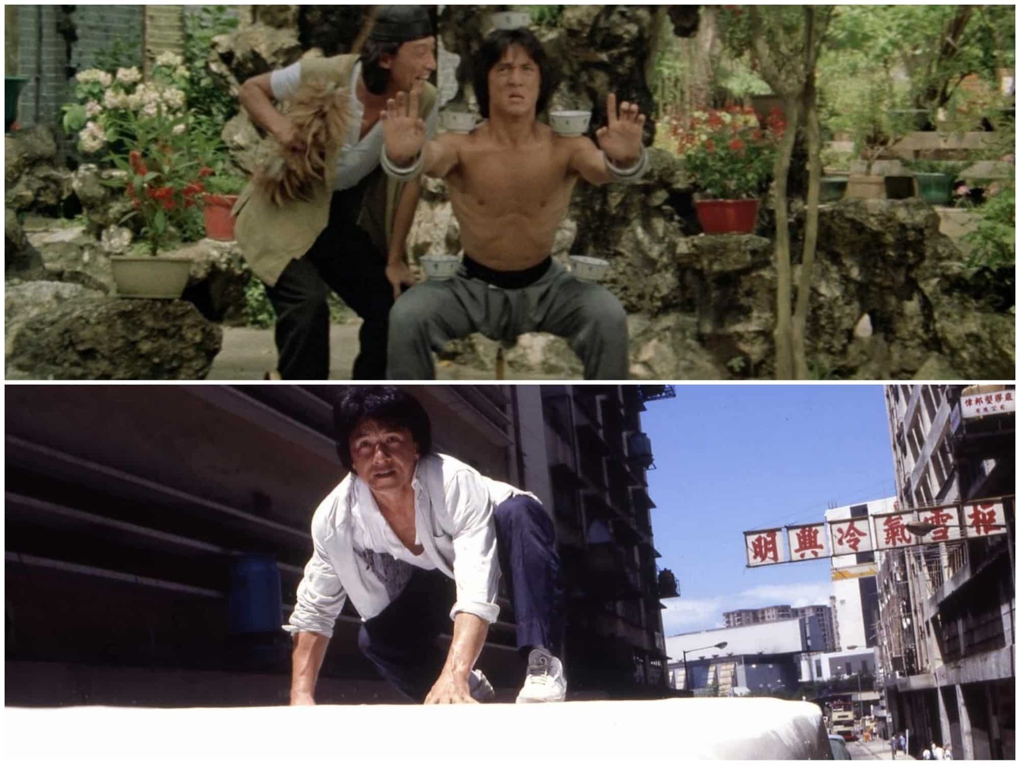 A simple image collage that features a scene from "Drunken Master" (top) in which Wong Fei-Hung (Jackie Chan) trains by balancing hot cups of tea on his shoulders while crouching over a pointed stick. His father's servant Ko Choi (Dean Shek) taunts him with a feather duster, threatening to tickle him. The bottom image captures Chan Ka-Kui (Chan) crouching on top of a moving bus in "Police Story 2."