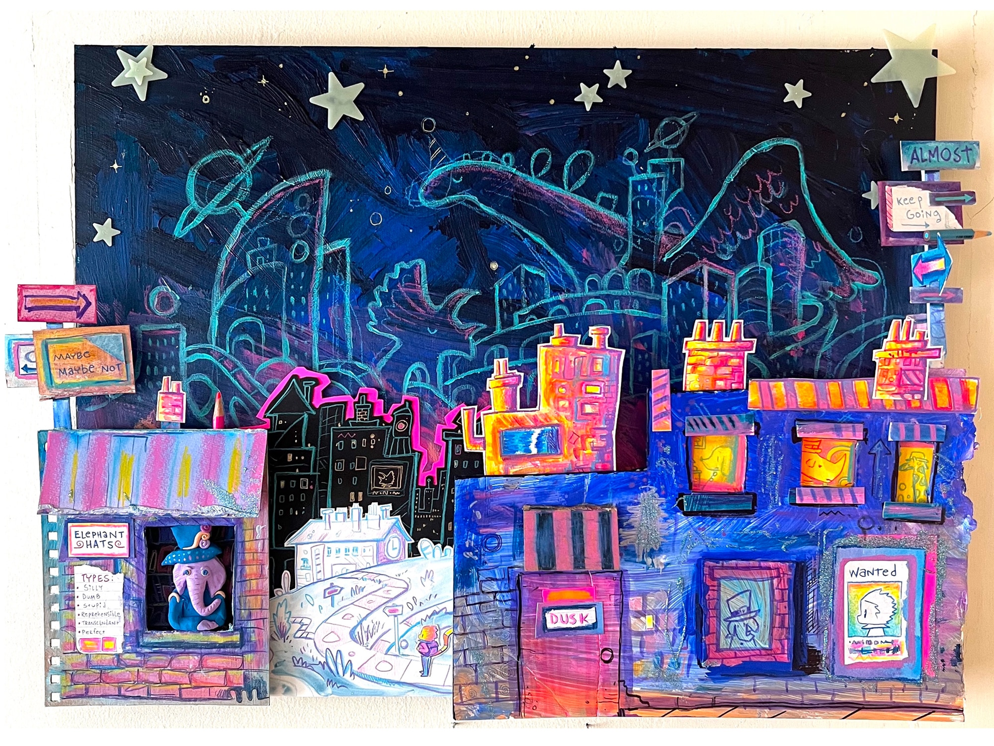 A preview image of work from Will Santino's "Lost In Sunset City" shows illustrated buildings set against a colorful backdrop consisting of a city skyline, a couple of large dinosaurs, and stars and planets.|