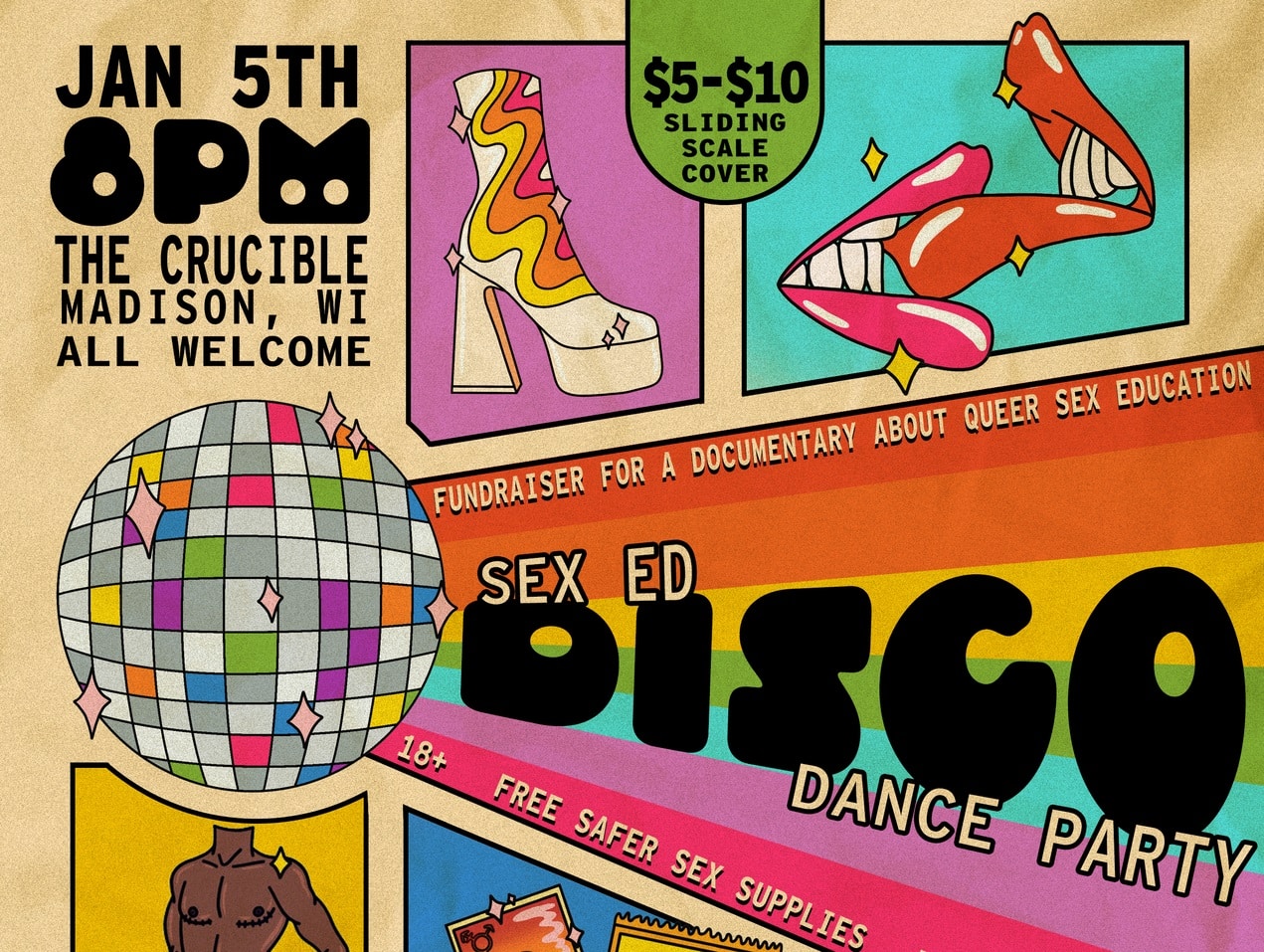 A cropped version of Sruti Mohan and Elliot Jewell's very late '70s-designed event flyer with a prominent disco ball and rainbow.