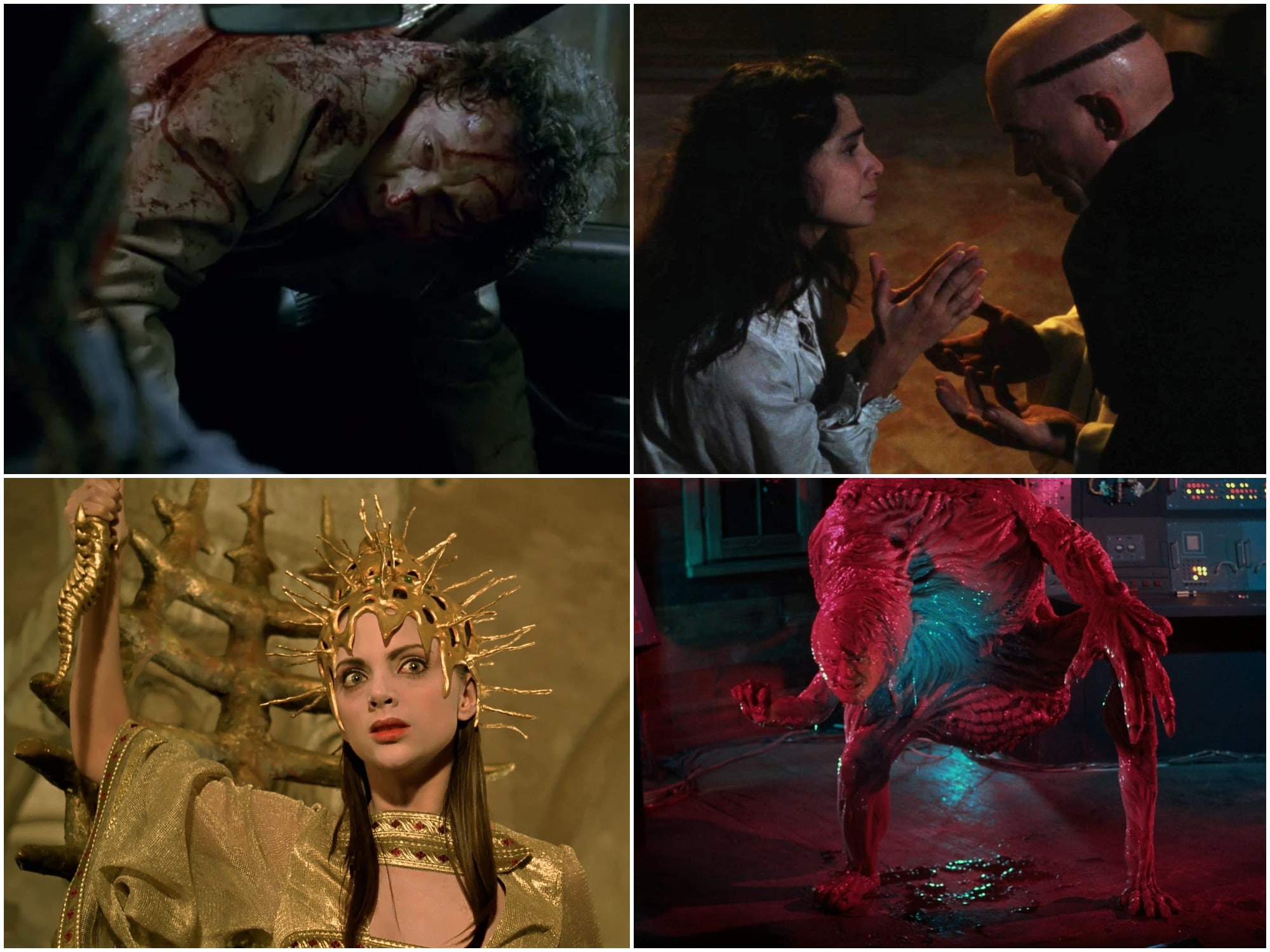 An image collage featuring the October series' four films. Clockwise from top left, Thomas Bardo (Stephen Rea) is covered in blood, hanging halfway through a shattered windshield in Stuck; Maria (Rona De Ricci) pleads to the Grand Inquisitor Torquemada (Lance Henriksen) in The Pit And The Pendulum; Dr. Edward Pretorius (Ted Sorel) is transformed into a hideous monster in From Beyond; and UxĂa (Macarena GĂłmez), dressed in a gold ceremonial outfit in Dagon, brandishes a gold dagger shaped like a spine.