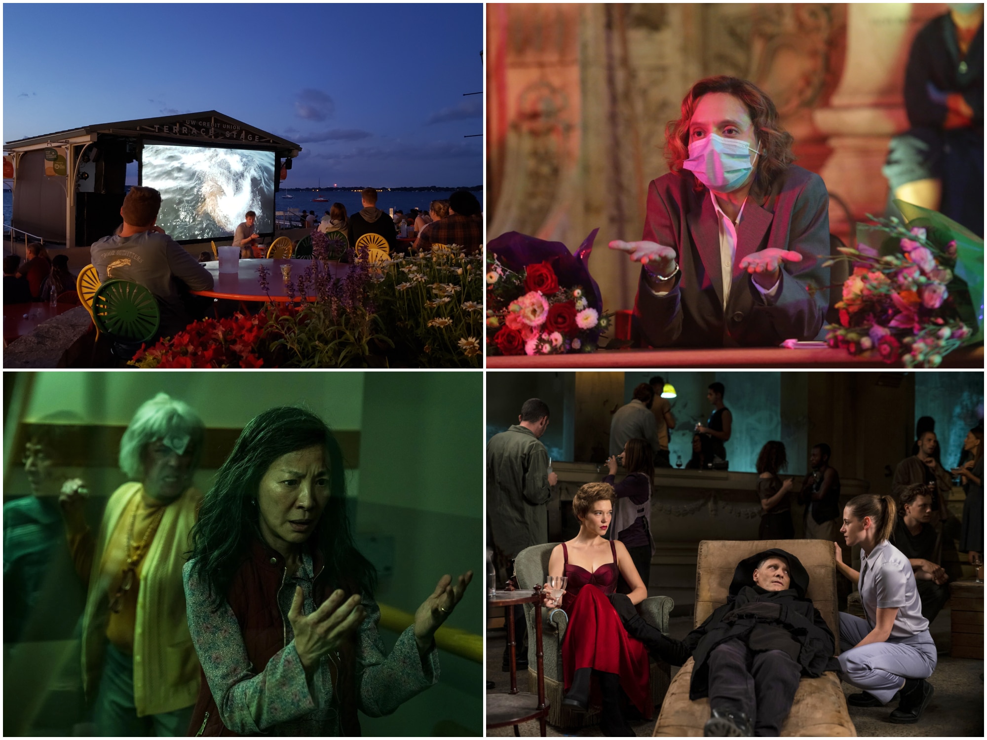 A simple image collage that depicts (at top left) a Monday night screening of "Sharknado" at Memorial Union Terrace in Madison with three other film stills. To its right, an shot of actress Katia Pascariu in "Bad Luck Banging Or Loony Porn;" below that, a shot of Kristen Stewart, Viggo Mortensen, and Léa Seydoux in "Crimes Of The Future;" and to its left, a still of Michelle Yeoh, a looming Jamie Lee Curtis, and reflection of Ke Huy Quan in "Everything Everywhere All At Once."|In "Only Yesterday," a young Taeko eagerly awaits her first taste of pineapple.|A scene from Guillermo Del Torro's "Pinocchio," featuring Geppetto and the titular wooden boy.