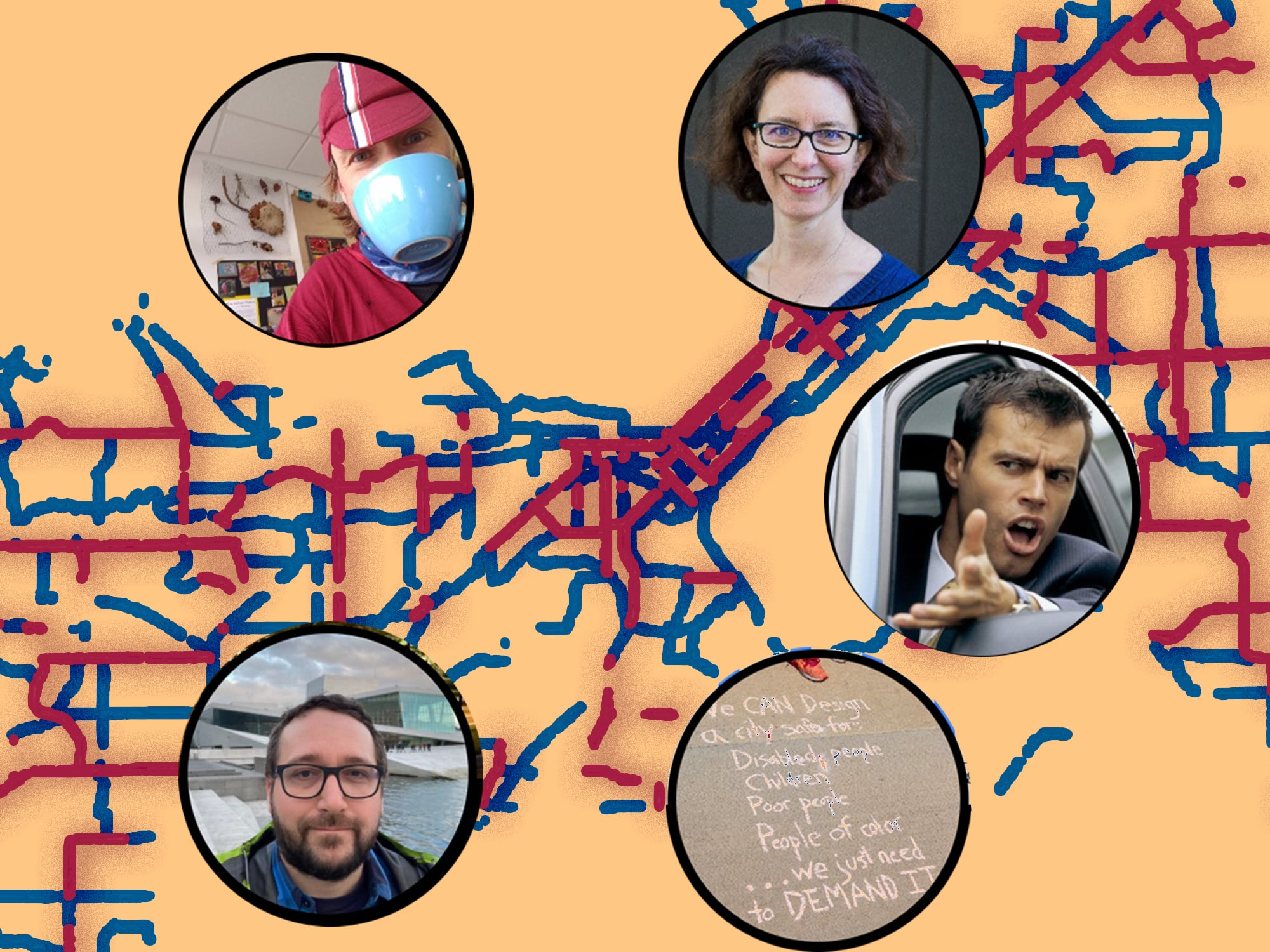 A partial map of Madison streets, rendered in blue and purple, is shown against an orange background, with the Twitter avatars of five different accounts superimposed on it.